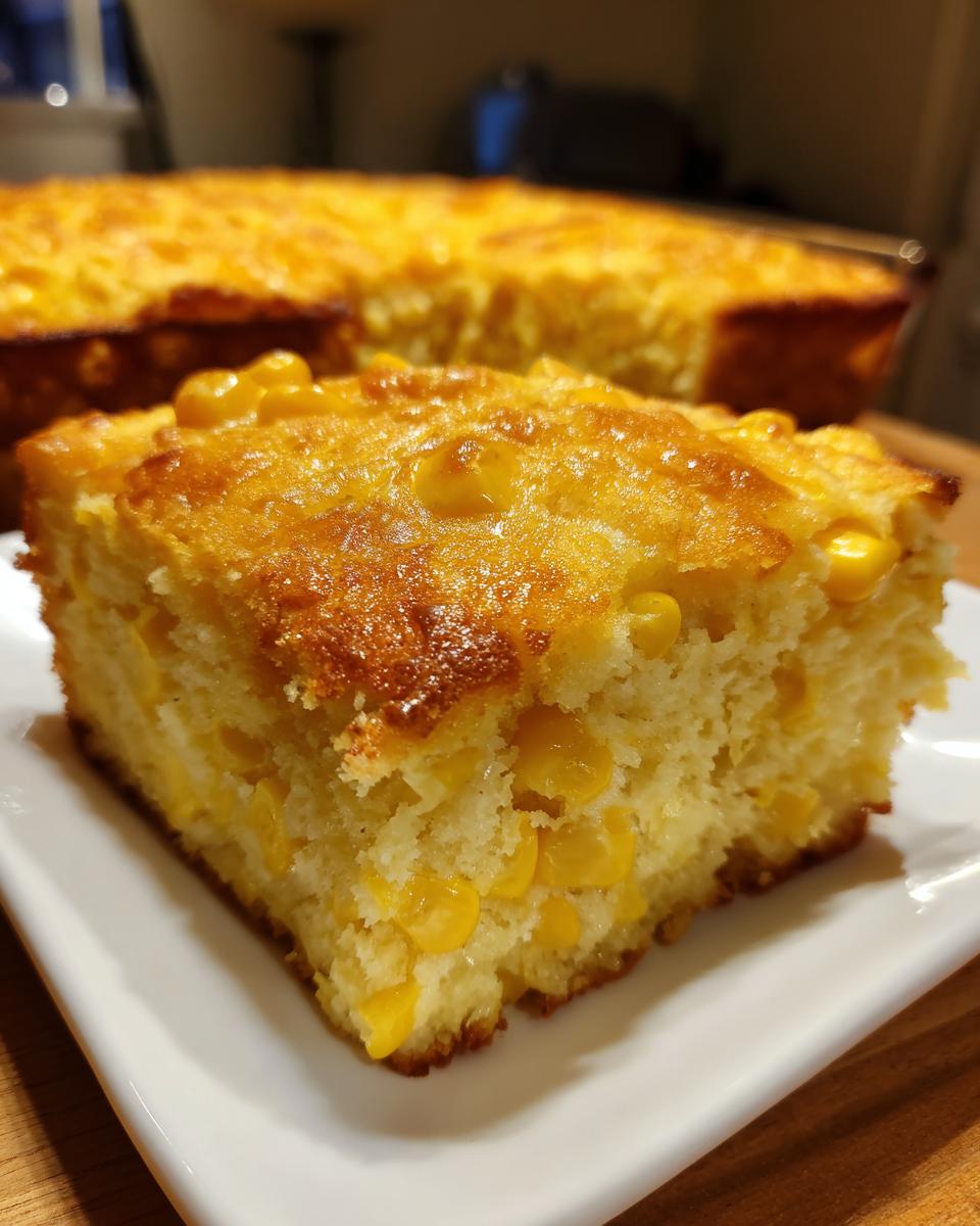 Close-up of a square slice of moist cream cheese corn casserole with visible whole corn kernels.