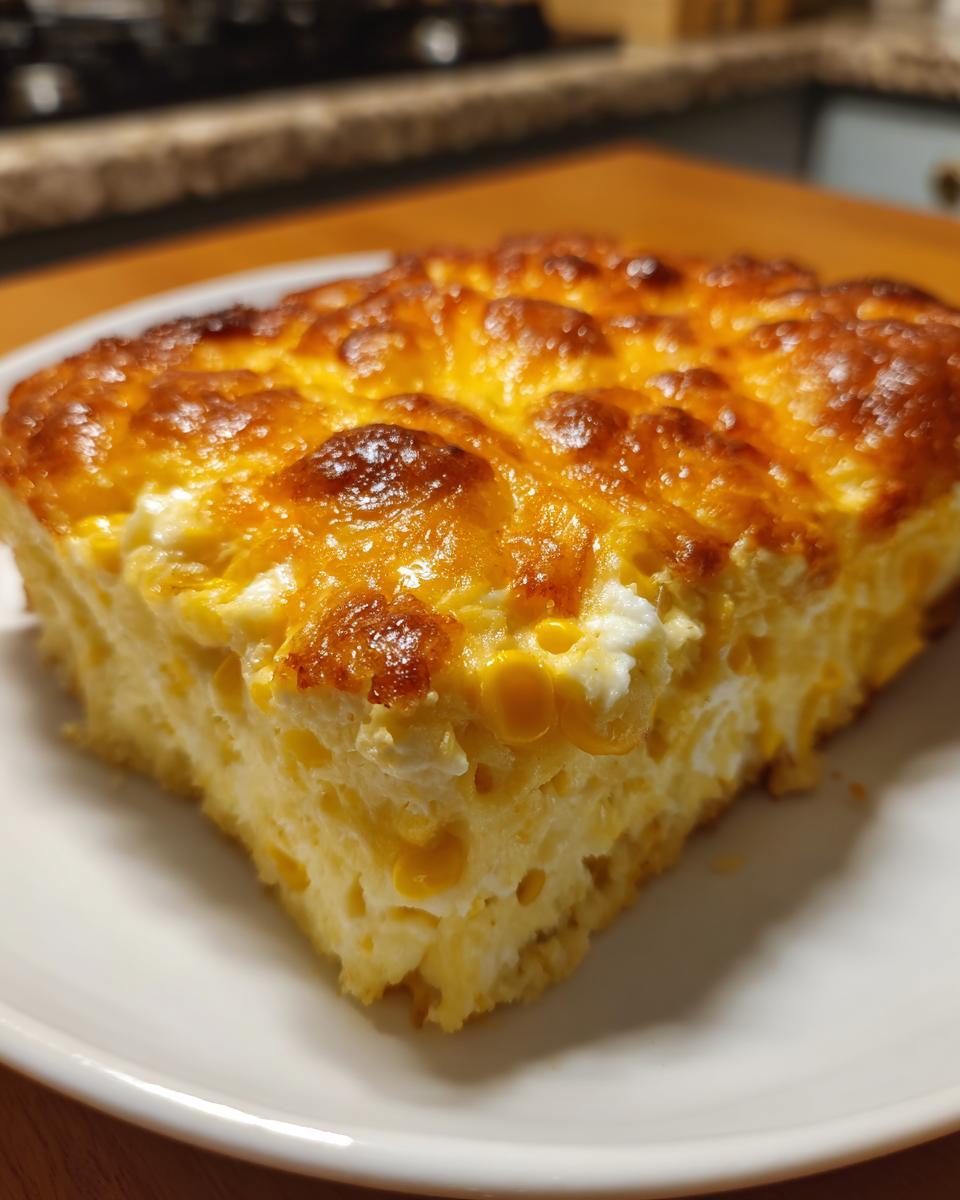 A close-up of a golden-brown slice of cream cheese corn casserole on a white plate.