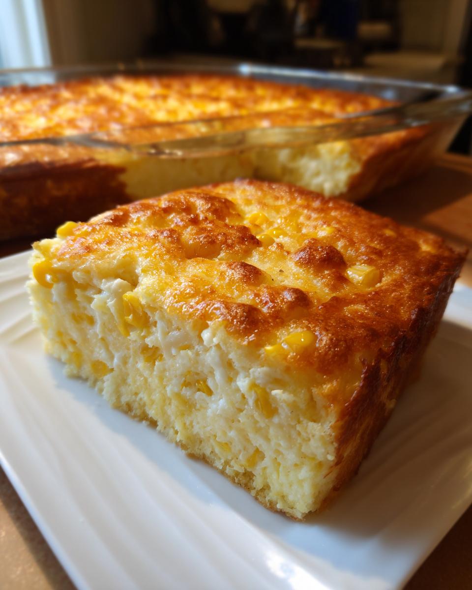 A square slice of baked cream cheese corn casserole with a golden brown top, served on a white plate.