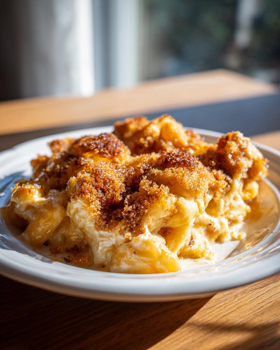 Close-up of a serving of creamy baked mac and cheese with a golden brown, crunchy breadcrumb topping.