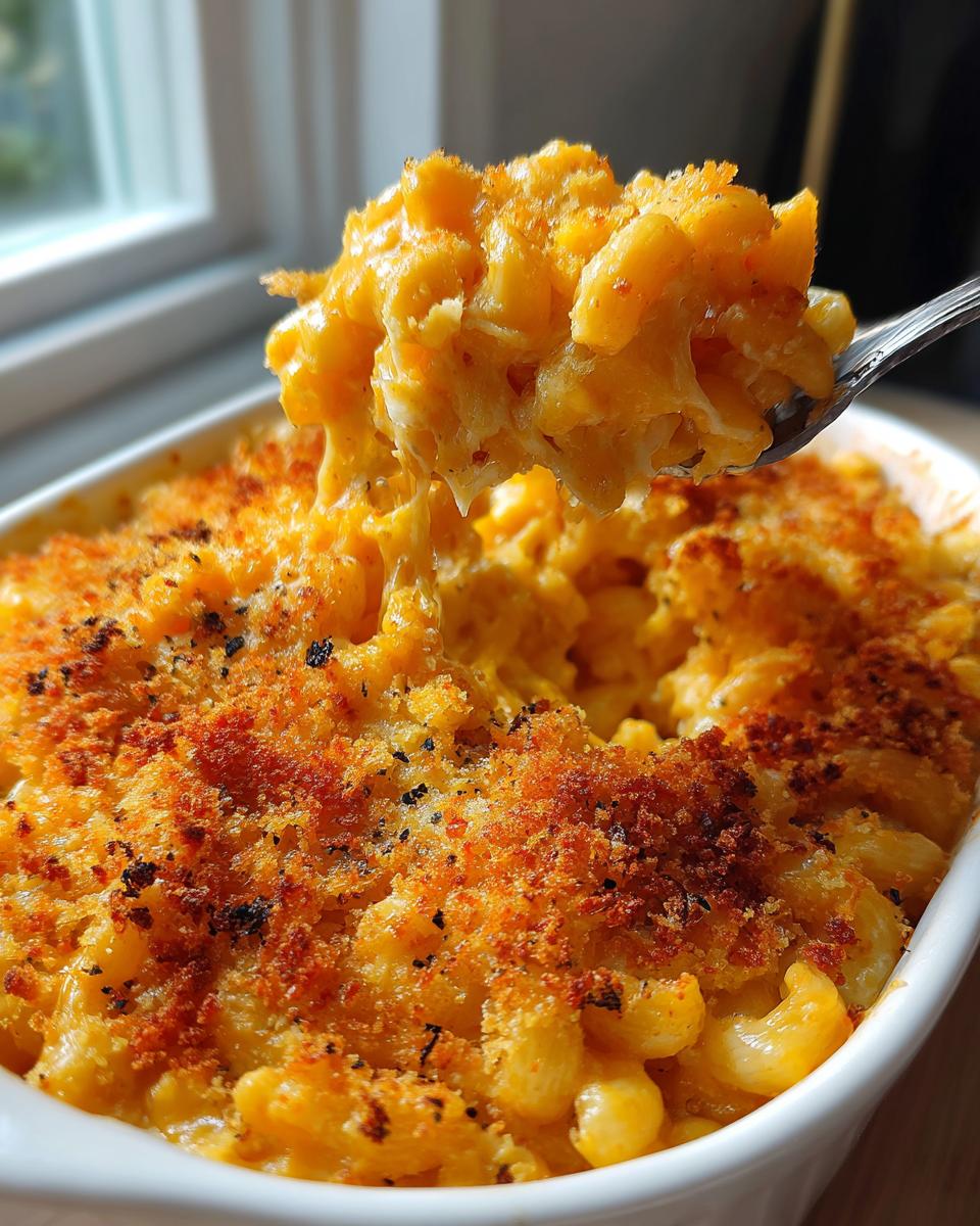 A spoonful of creamy, cheesy baked mac and cheese recipe being lifted from a white dish, showing a crispy breadcrumb topping.