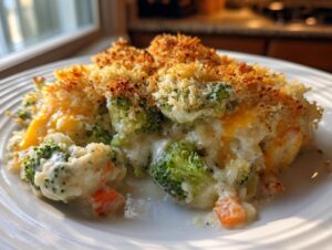 A close-up serving of creamy vegetable casserole featuring broccoli, carrots, and a golden brown, crunchy breadcrumb topping.