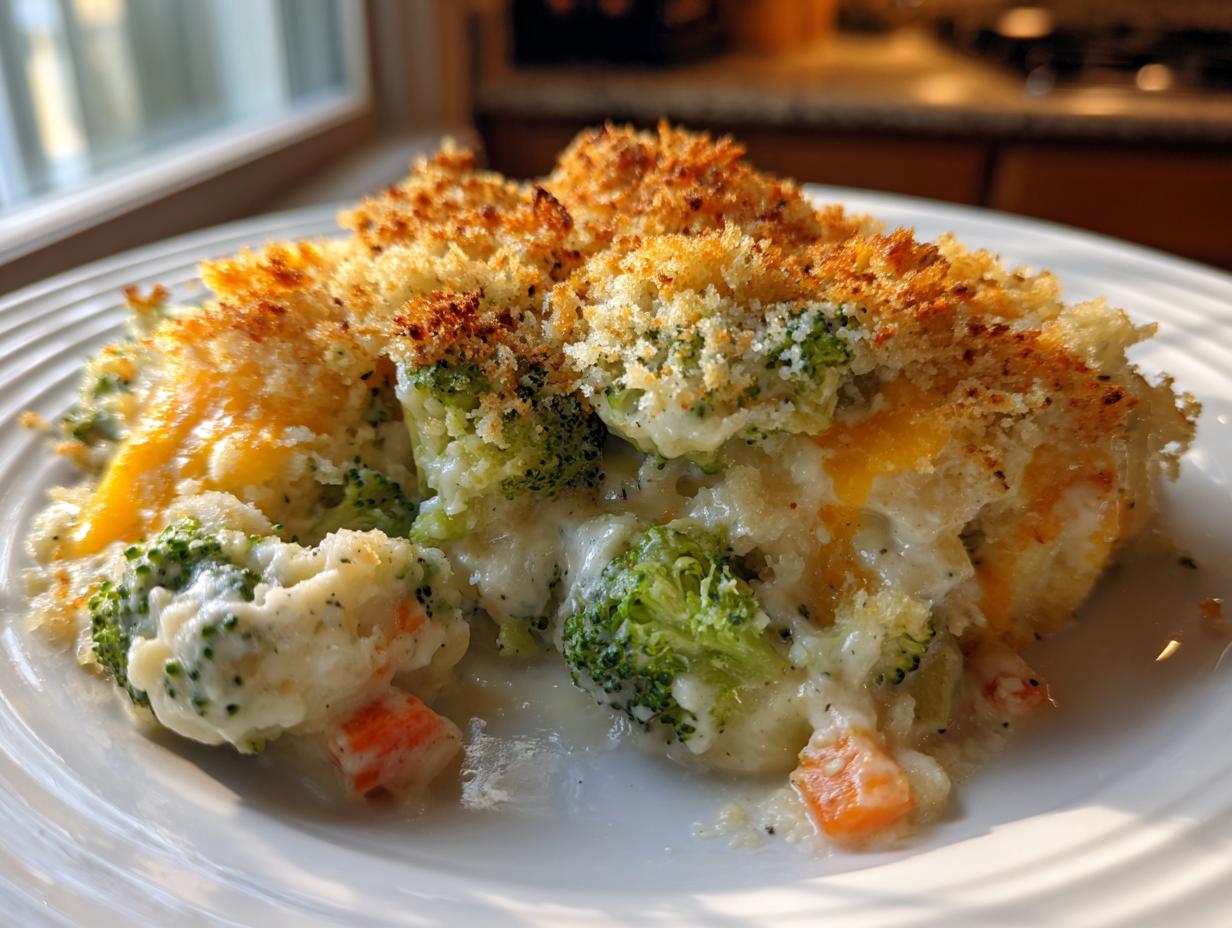 A close-up serving of creamy vegetable casserole featuring broccoli, carrots, and a golden brown, crunchy breadcrumb topping.