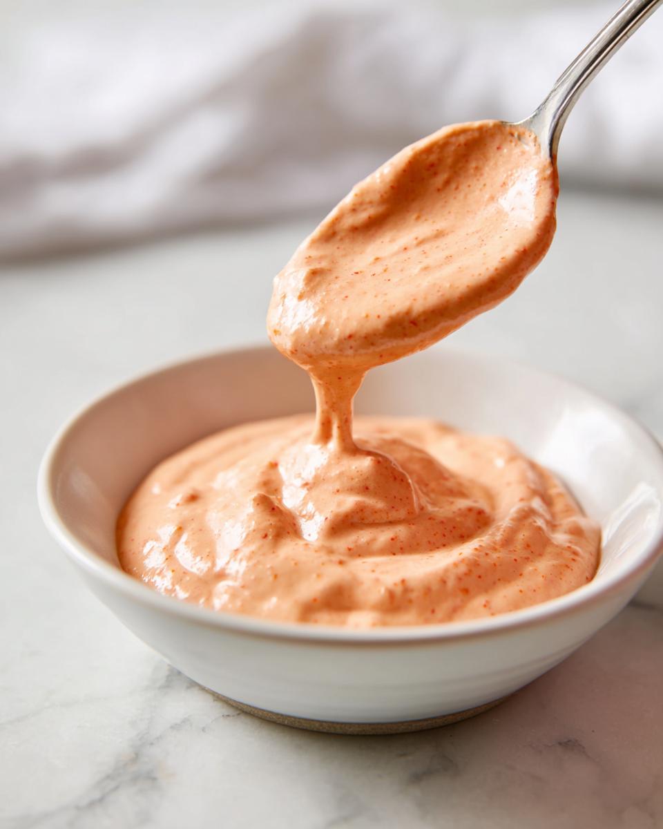 A spoonful of creamy, orange-tinted burger sauce dripping back into a white bowl.