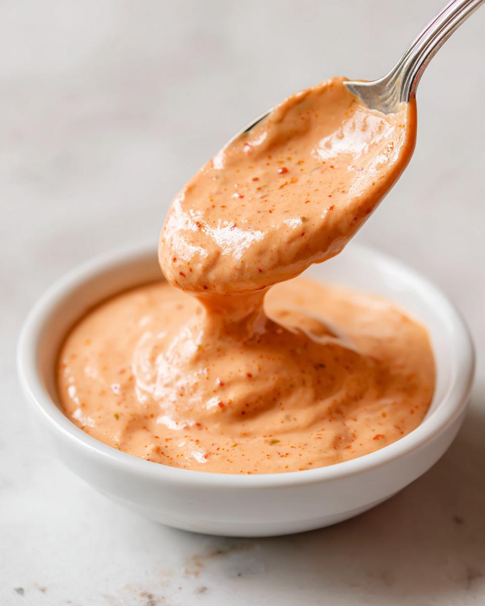A spoonful of creamy, orange-colored burger sauce being lifted from a small white bowl.