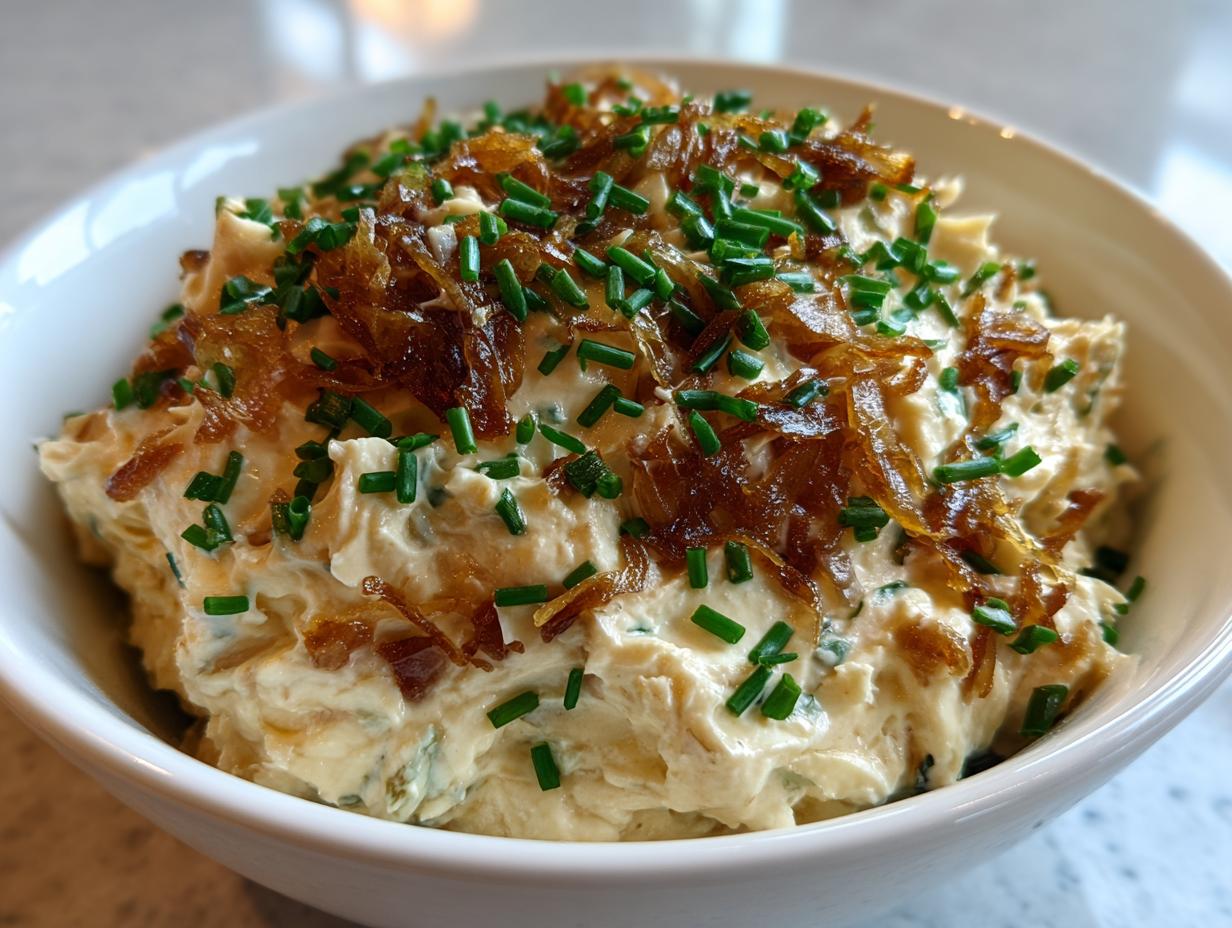 A close-up of creamy caramelized onion dip topped generously with crispy caramelized onions and fresh green chives.