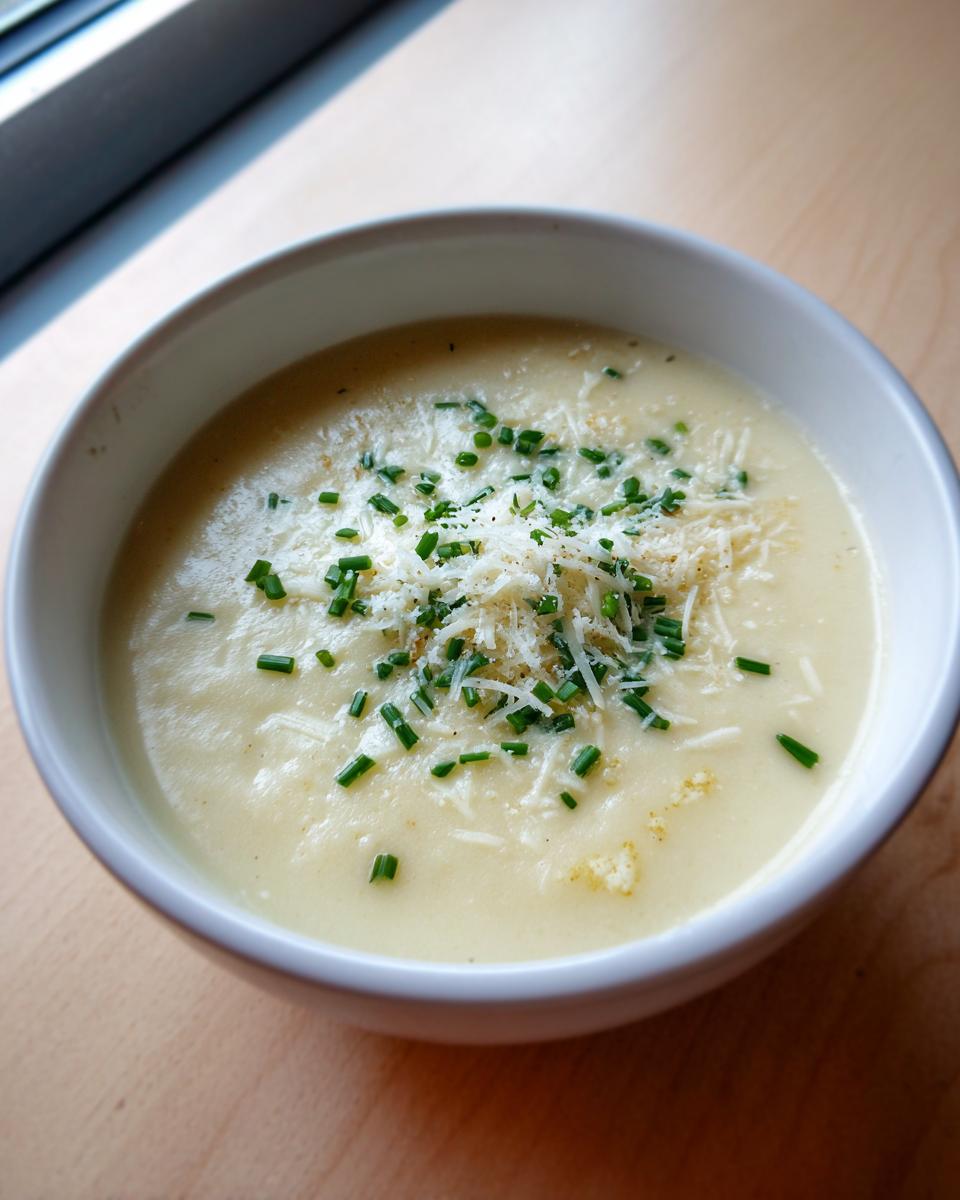 A close-up of a bowl of creamy cauliflower soup garnished with grated cheese and fresh chopped chives.