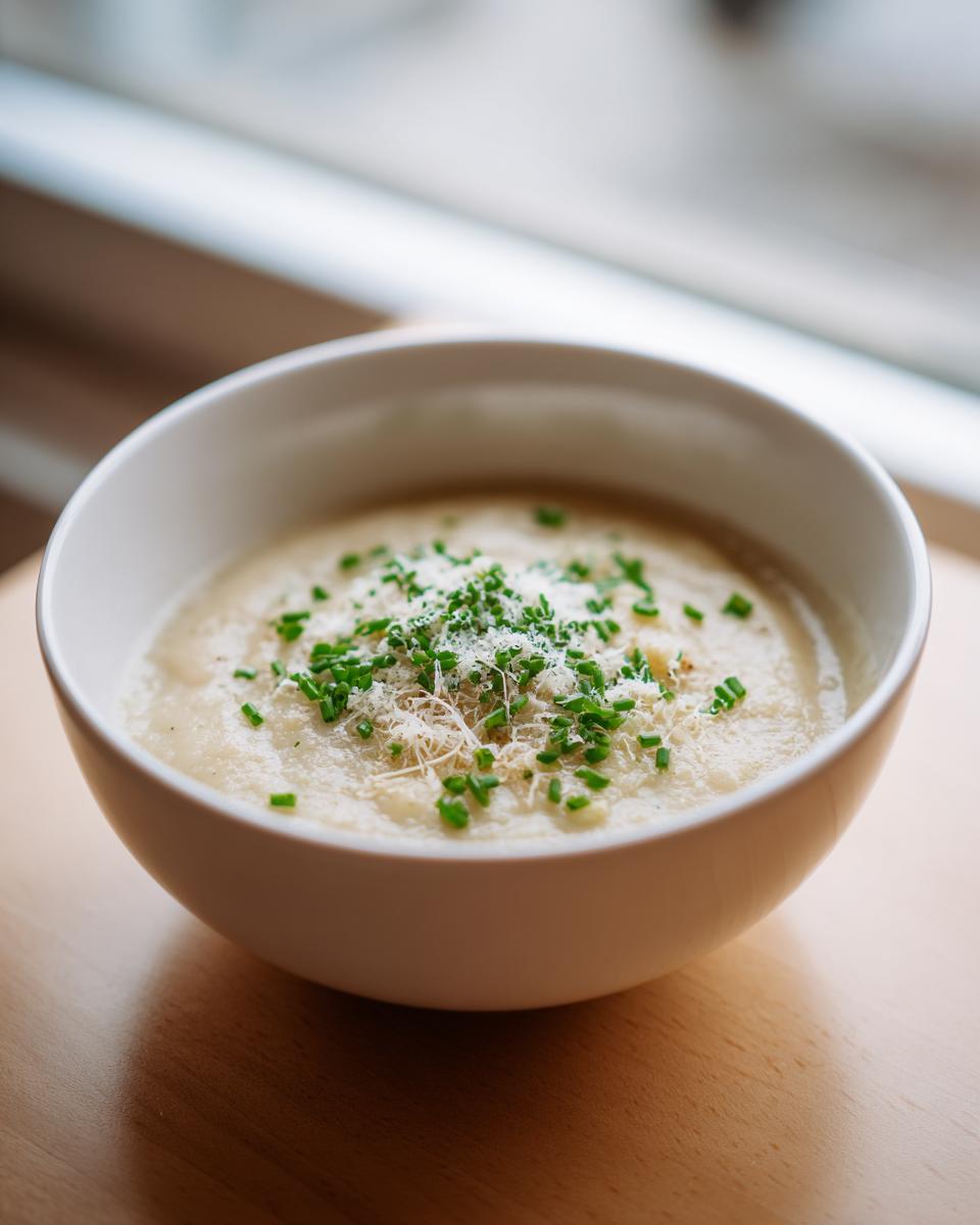 A close-up of creamy cauliflower soup in a white bowl, garnished with fresh chives and grated cheese.