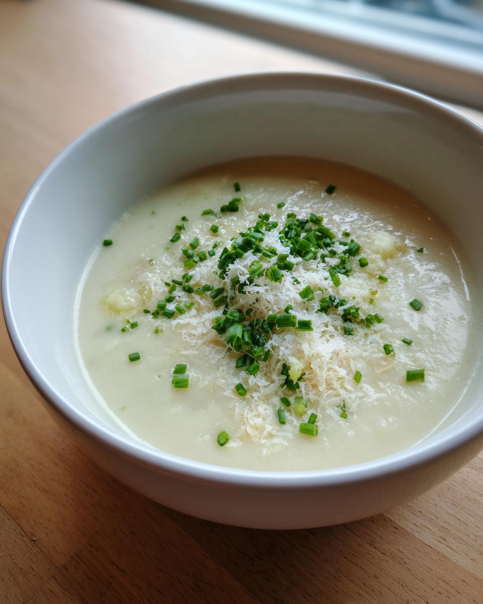 A close-up of a bowl of creamy cauliflower soup garnished with grated cheese and fresh chopped chives.