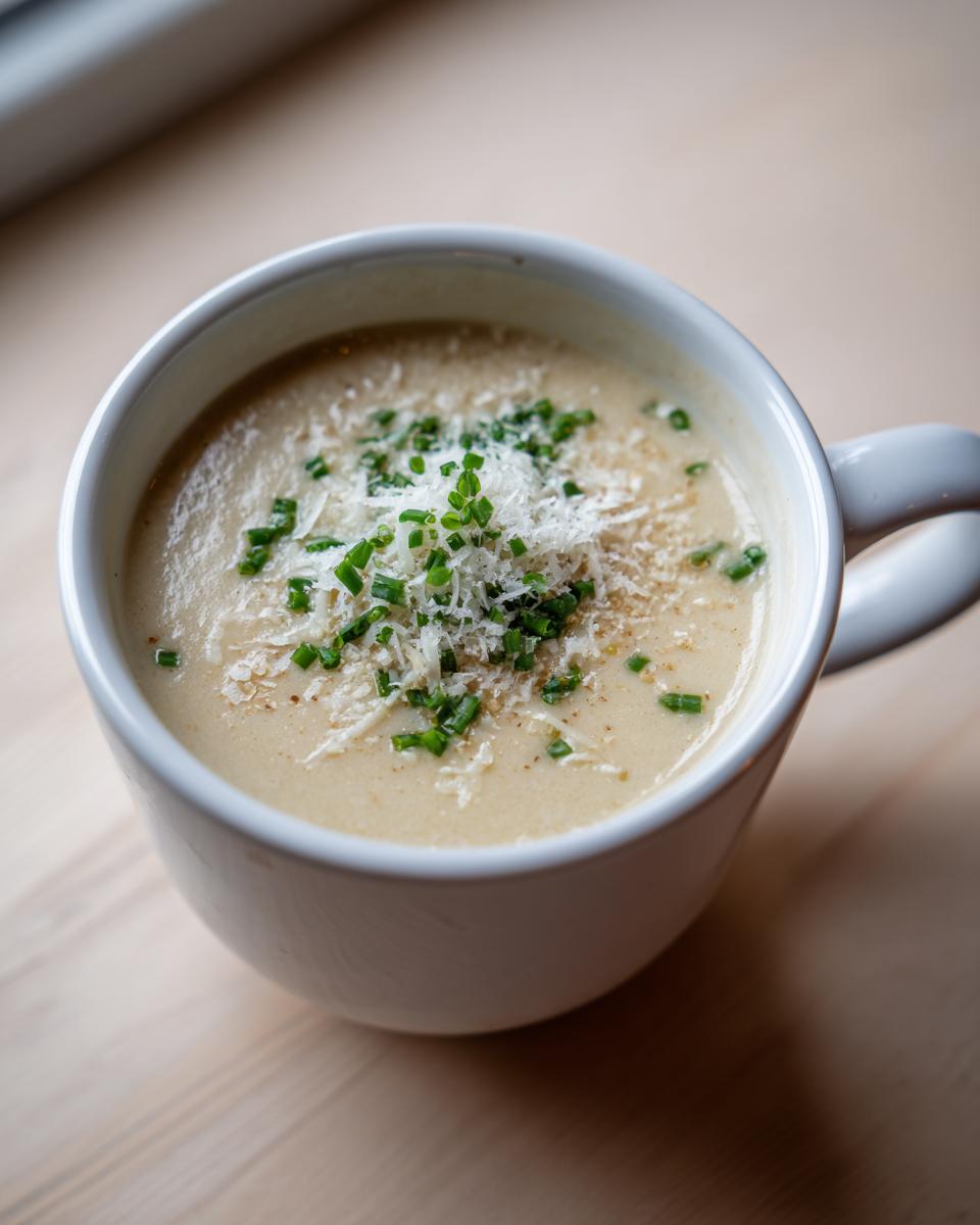 Close-up of a creamy cauliflower soup served in a white mug, garnished with grated cheese and fresh chives.