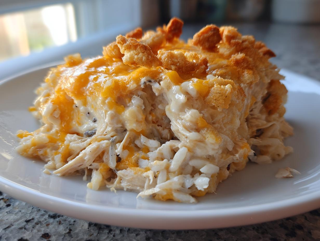 A close-up serving of creamy chicken and wild rice casserole topped with melted cheddar cheese and croutons.
