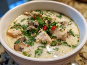 Close-up of a bowl of creamy coconut soup featuring chunks of chicken, sliced mushrooms, and fresh cilantro garnish.