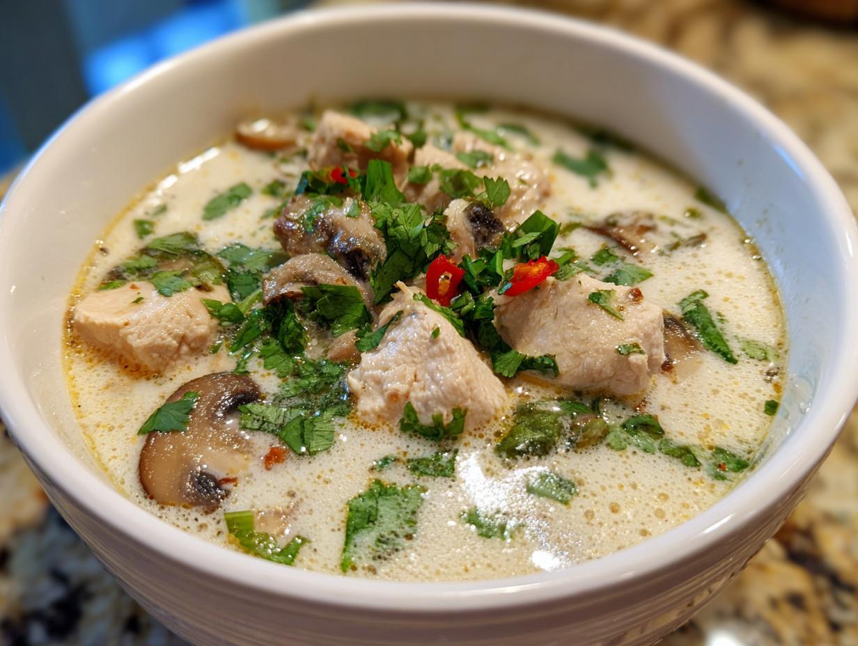 Close-up of a bowl of creamy coconut soup featuring chunks of chicken, sliced mushrooms, and fresh cilantro garnish.