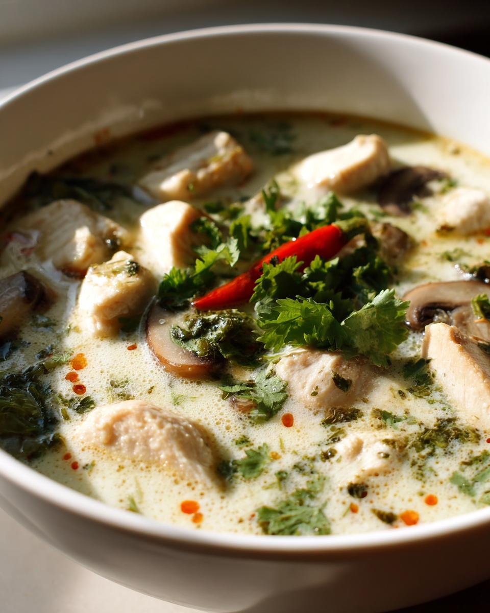 Close-up of a bowl of creamy coconut soup filled with chunks of chicken, mushrooms, and garnished with cilantro and a red chili.