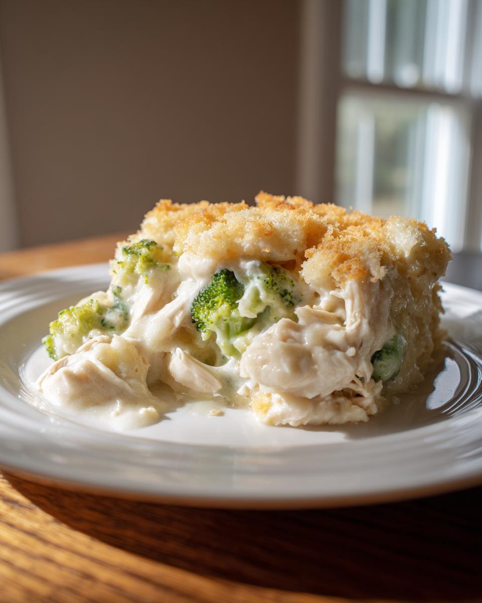 A close-up serving of creamy Chicken Divan featuring shredded chicken, bright green broccoli florets, and a golden crumb topping.