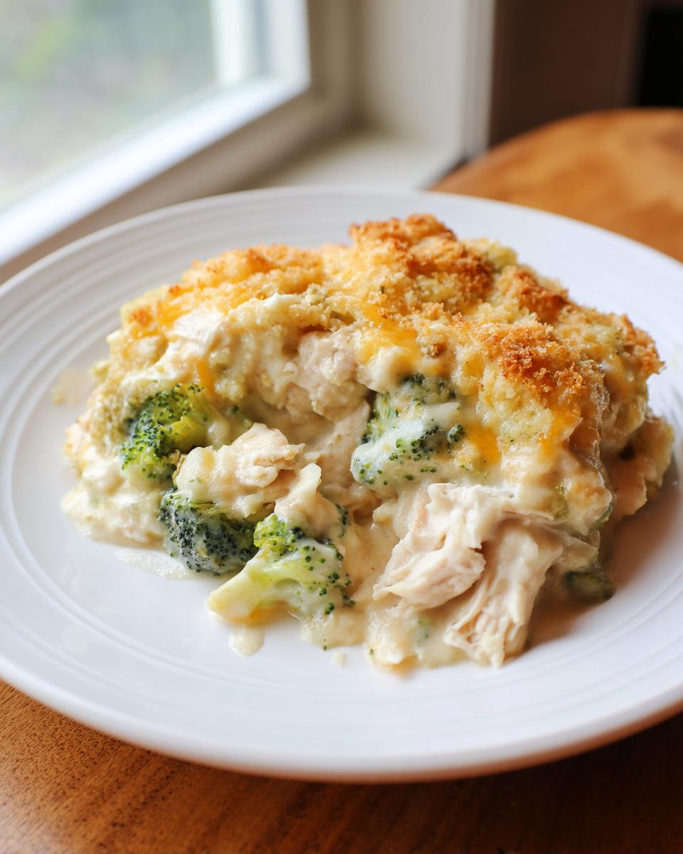 A serving of creamy Chicken Divan featuring tender chicken, bright green broccoli florets, and a golden, crunchy breadcrumb topping.