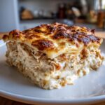 A thick, creamy slice of chicken lasagna showing layers of shredded chicken and white sauce, topped with browned, bubbly cheese.