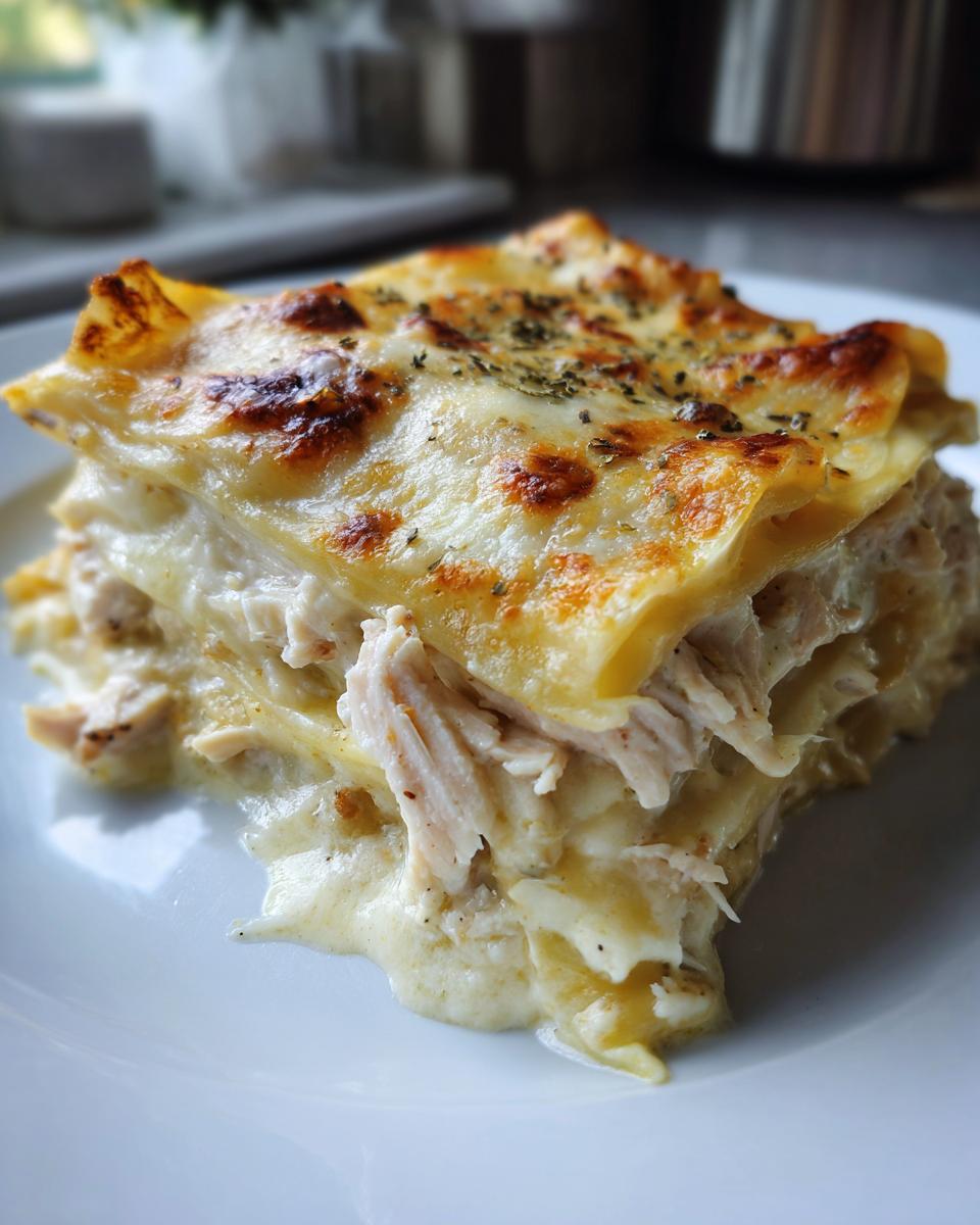 A close-up of a layered slice of creamy chicken lasagna, showing shredded chicken and a browned, cheesy top.