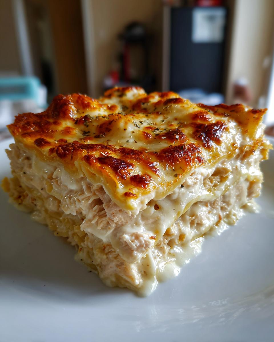 A close-up of a rich slice of creamy chicken lasagna showing layers of pasta, shredded chicken, and a bubbly, browned cheese topping.