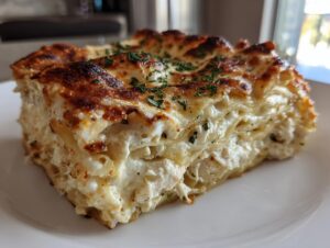 A thick, layered slice of creamy chicken lasagna showing rich white sauce and a browned, cheesy top sprinkled with parsley.