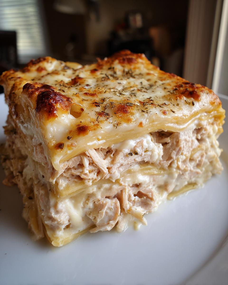 A thick, layered slice of creamy chicken lasagna featuring shredded chicken, white sauce, and a browned, cheesy top.