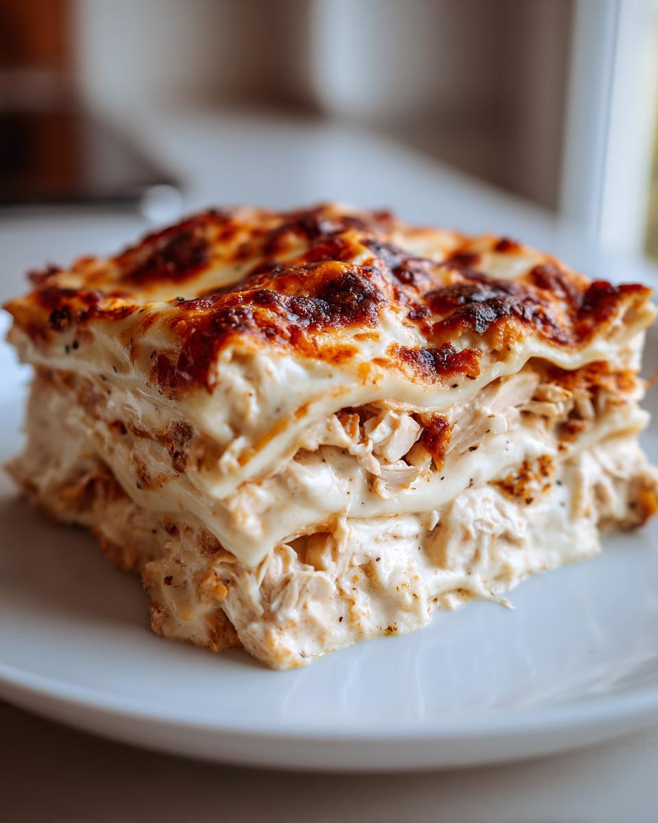 A thick, creamy slice of chicken lasagna showing layers of pasta, shredded chicken, and white sauce, topped with browned cheese.