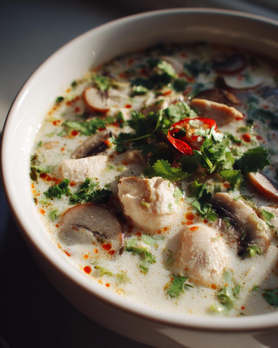 Close-up of a bowl of creamy coconut soup filled with chunks of chicken, sliced mushrooms, and fresh cilantro.