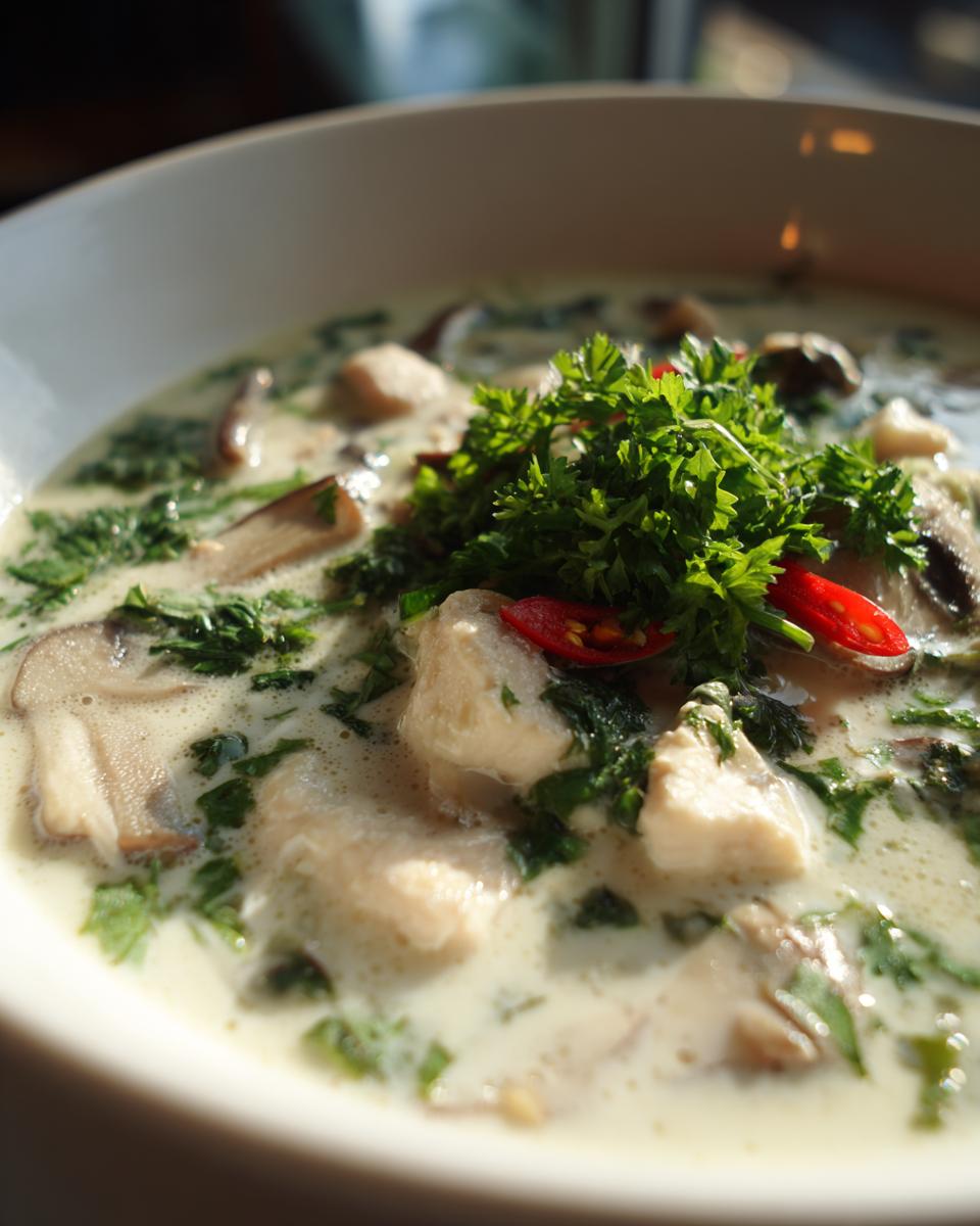 Close-up of creamy coconut soup with chunks of chicken, mushrooms, and fresh parsley garnish.