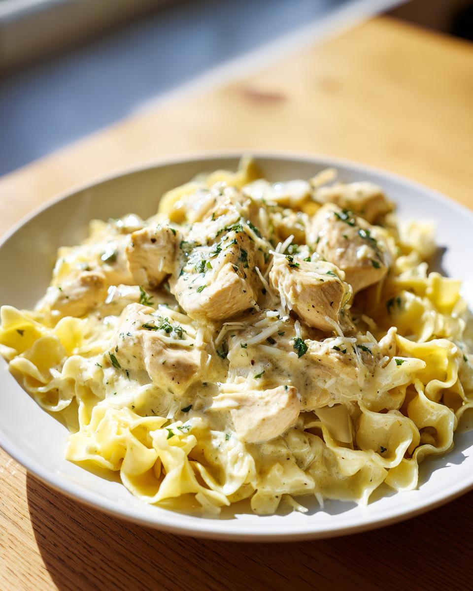 A close-up of creamy chicken pasta featuring egg noodles, chunks of seasoned chicken, and a sprinkle of Parmesan cheese and parsley.