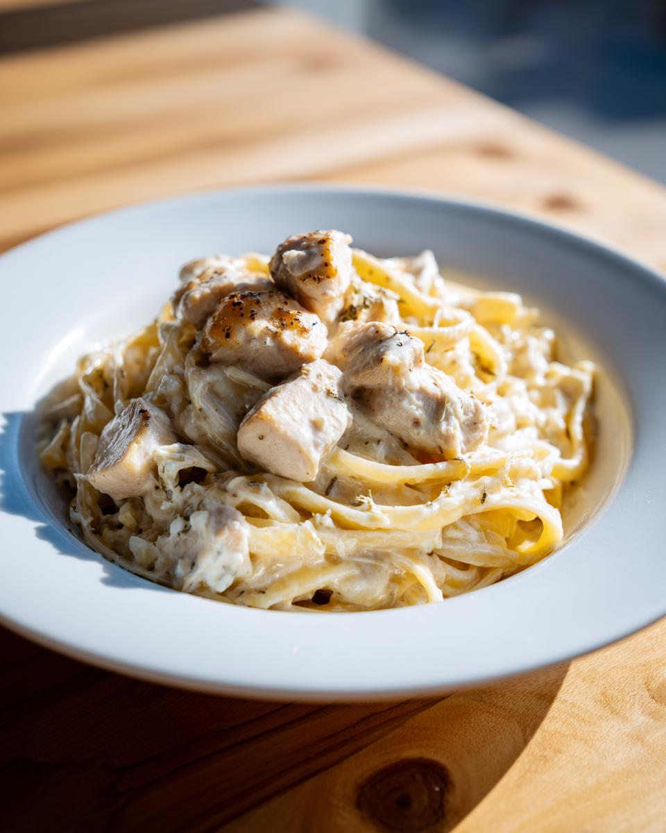 Close-up of creamy chicken pasta in a white bowl, featuring chunks of seasoned chicken breast on top.