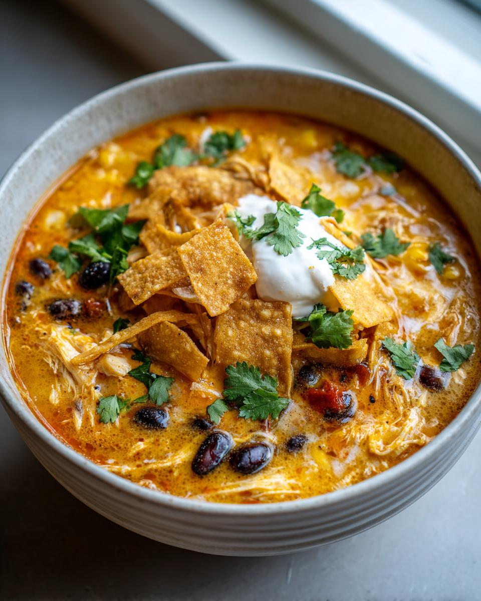 A close-up of a bowl of rich, orange-hued chicken tortilla soup topped with black beans, tortilla strips, sour cream, and cilantro.