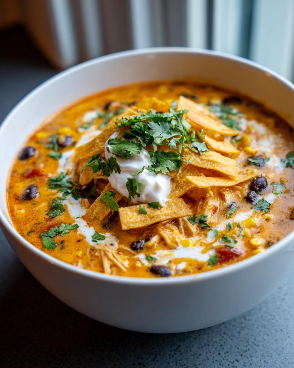Close-up of a bowl of creamy chicken tortilla soup garnished with tortilla strips, sour cream, and fresh cilantro.