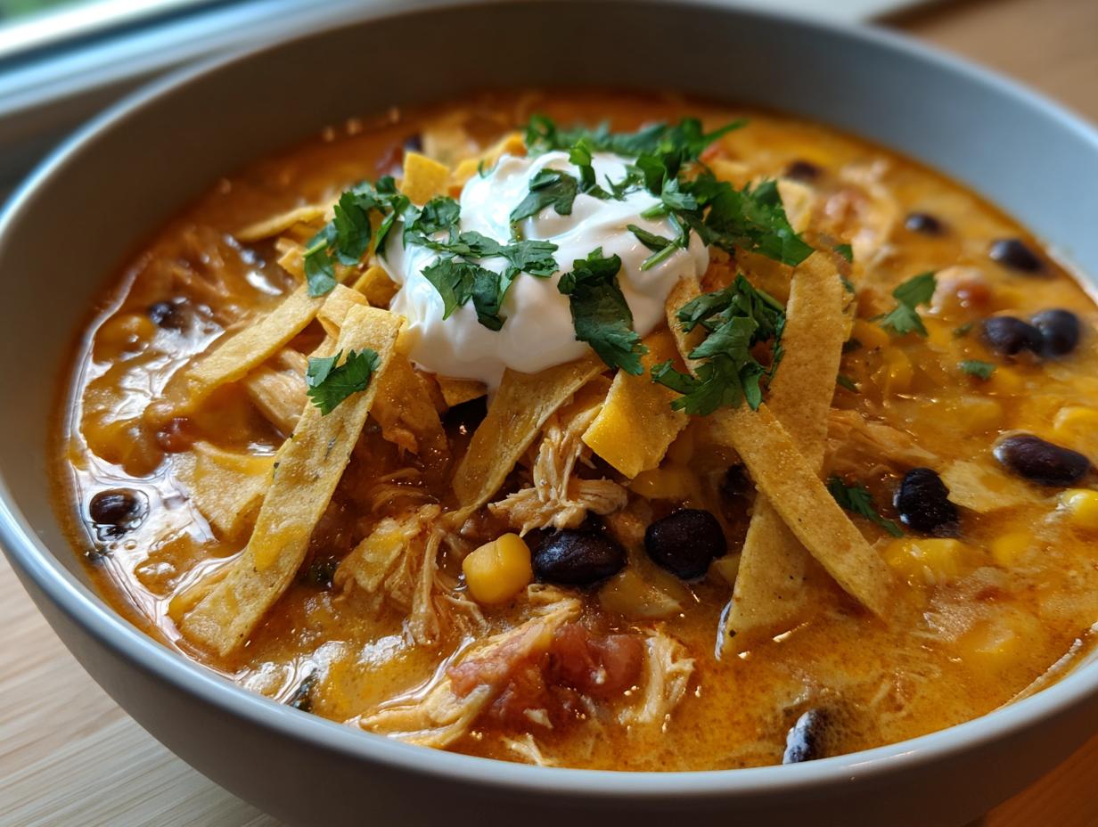 Close-up of a bowl of creamy chicken tortilla soup topped with tortilla strips, sour cream, and cilantro.