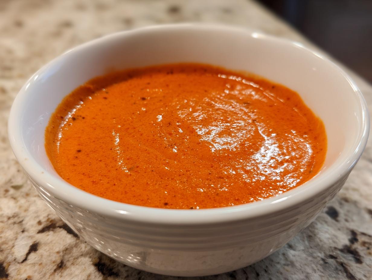 Close-up of smooth, vibrant orange chili cheese dip served in a small white bowl.