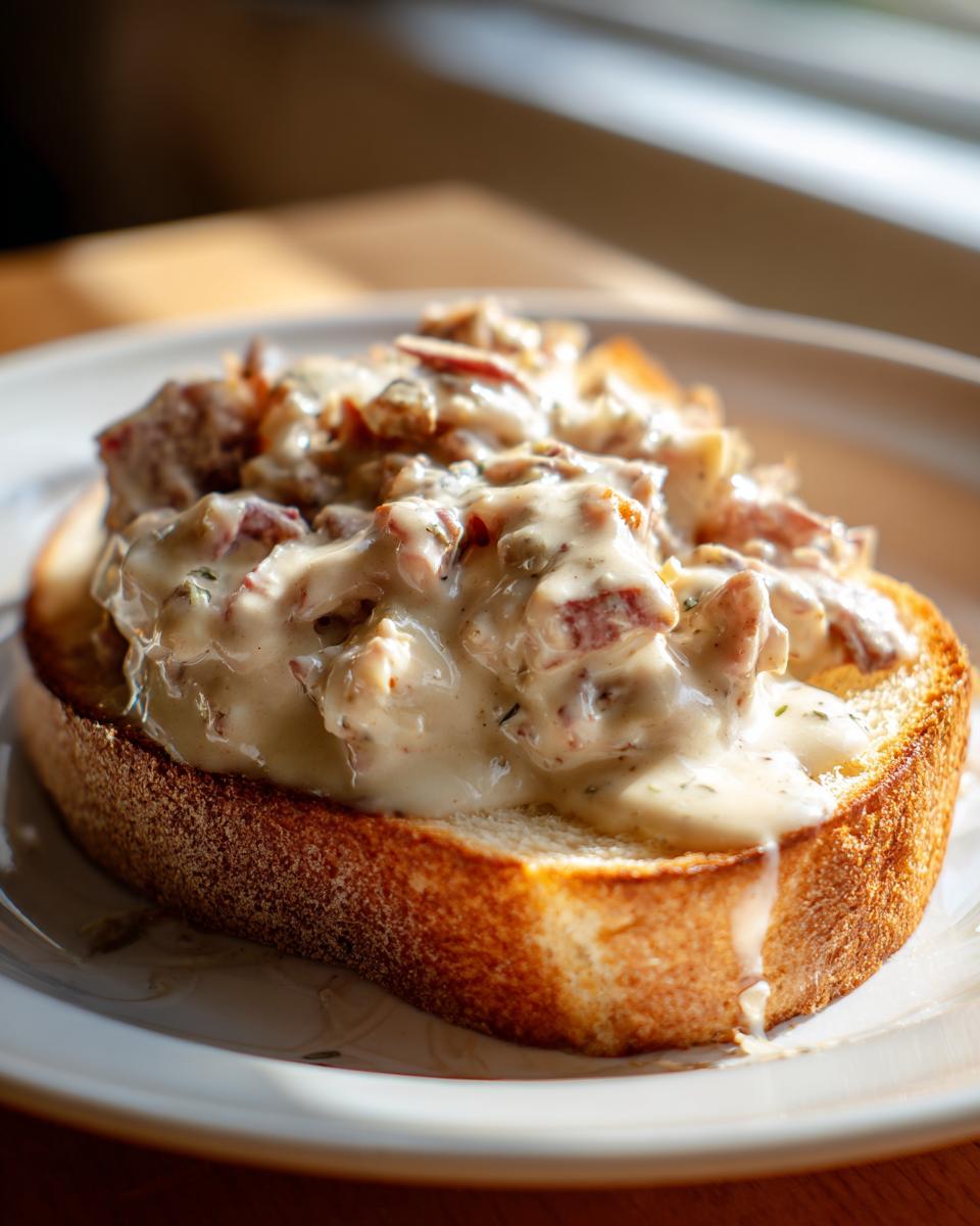 A thick slice of toasted bread generously topped with creamy chipped beef on toast sauce.