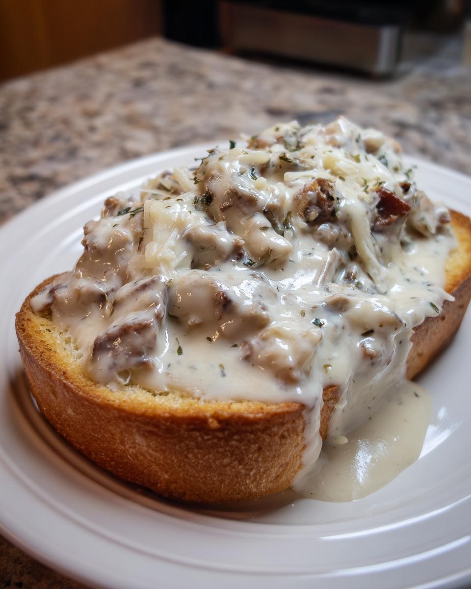 A thick slice of toast generously topped with creamy chipped beef on toast sauce and melted cheese.