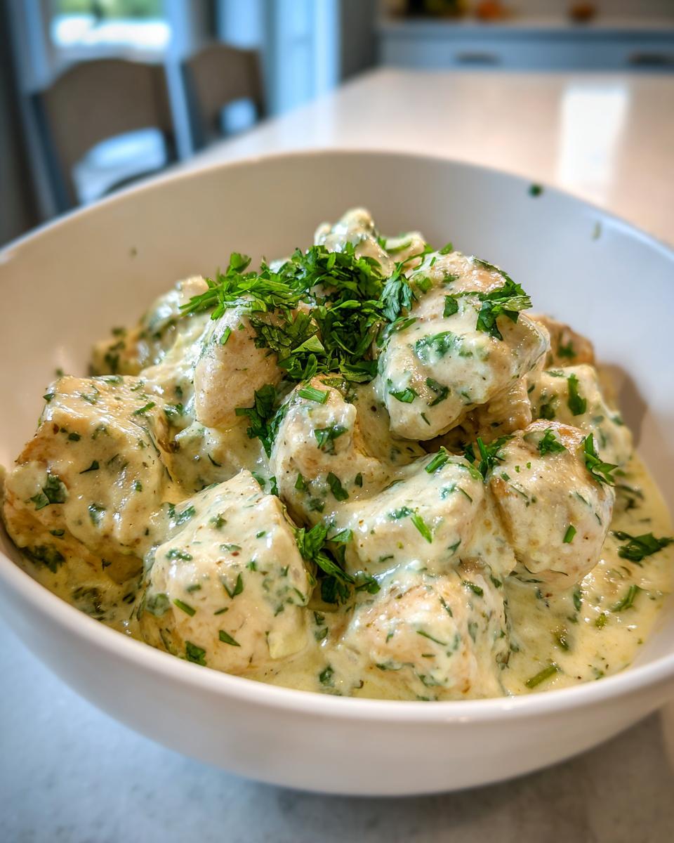 Close-up of creamy coconut lime chicken pieces coated in a rich sauce and topped with fresh parsley.
