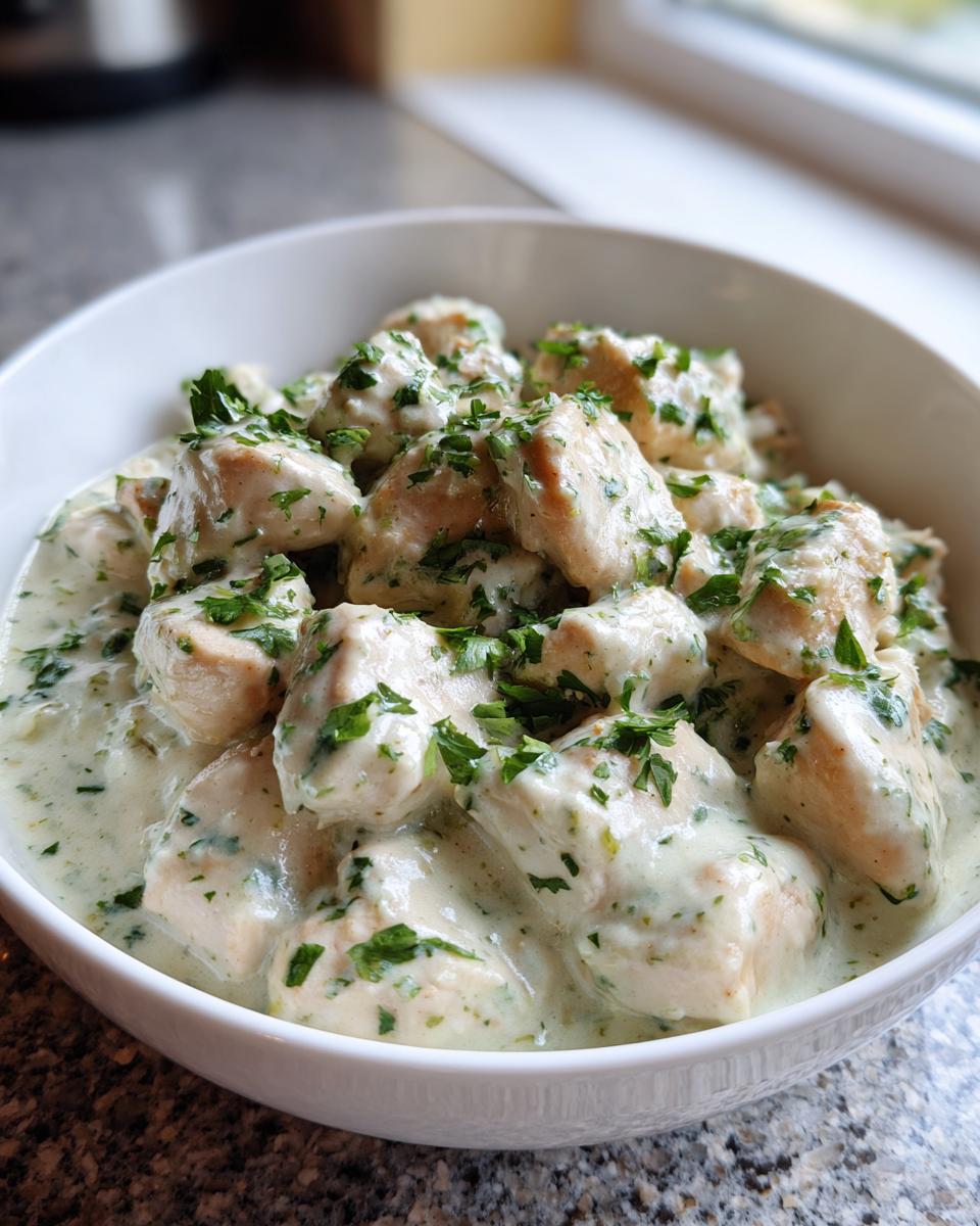 Close-up of tender chicken pieces coated in a creamy sauce, garnished with fresh parsley, representing coconut lime chicken.