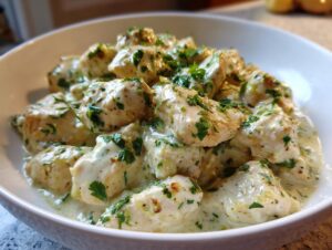 Close-up of tender pieces of coconut lime chicken coated in a creamy sauce and garnished with fresh parsley.