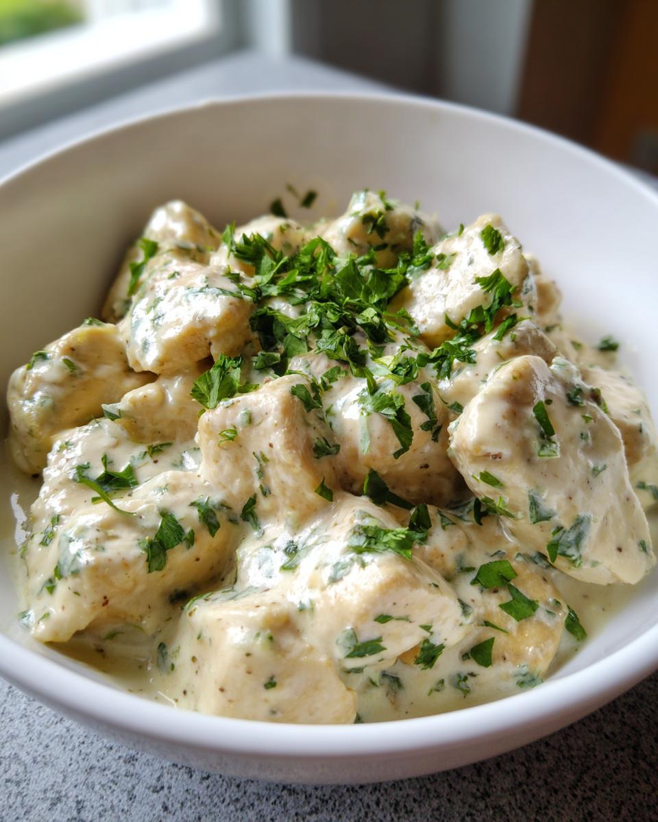 Close-up of creamy coconut lime chicken pieces coated in a rich sauce and topped with fresh parsley.