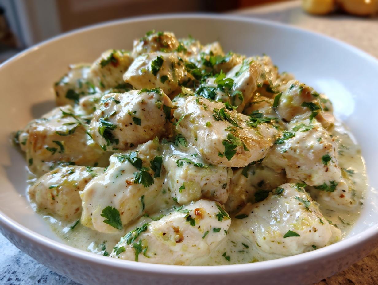 Close-up of tender pieces of coconut lime chicken coated in a creamy sauce and garnished with fresh parsley.