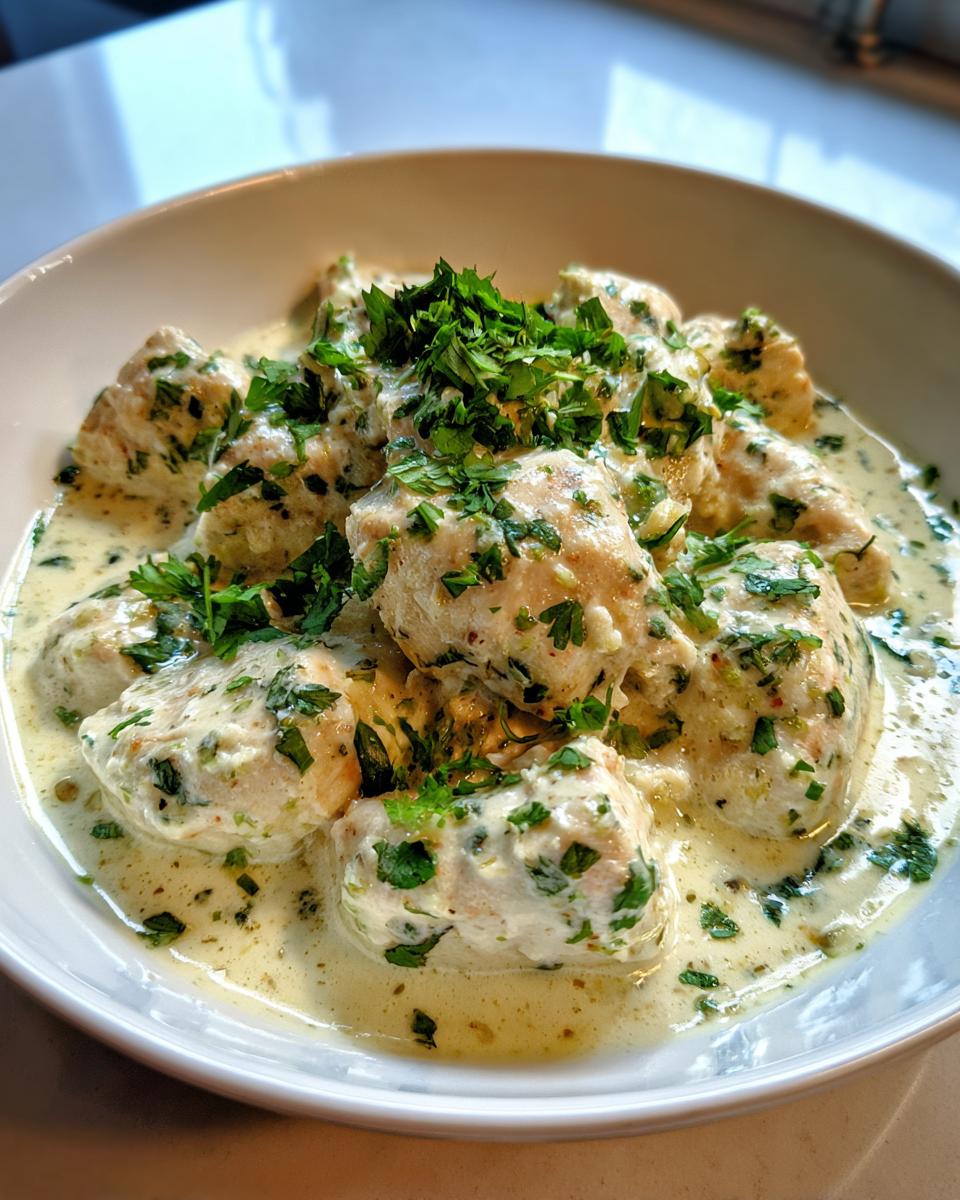Close-up of tender chicken chunks smothered in a creamy sauce, garnished with fresh parsley, representing coconut lime chicken.