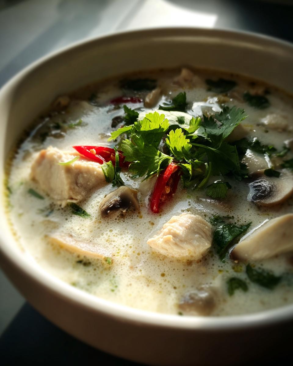Close-up of a creamy bowl of coconut soup featuring chunks of chicken, mushrooms, and topped with fresh cilantro and red chili.