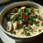Close-up of a bowl of creamy coconut soup filled with chicken, mushrooms, and topped with fresh cilantro and red chili.