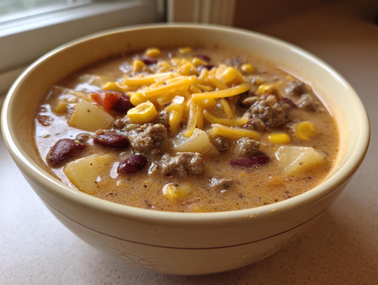 Close-up of a creamy bowl of cowboy soup filled with ground beef, potatoes, kidney beans, corn, and topped with shredded cheddar cheese.