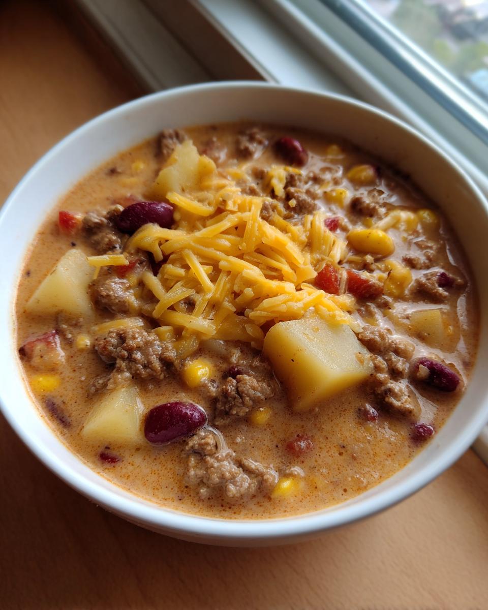 A close-up of a bowl of creamy cowboy soup featuring ground beef, potatoes, kidney beans, corn, and topped with shredded cheddar cheese.