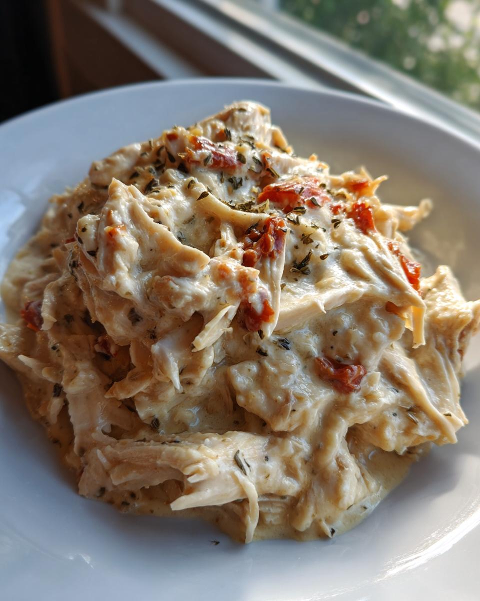 Close-up of shredded chicken coated in creamy sauce, sun-dried tomatoes, and herbs, representing crockpot marry me chicken.