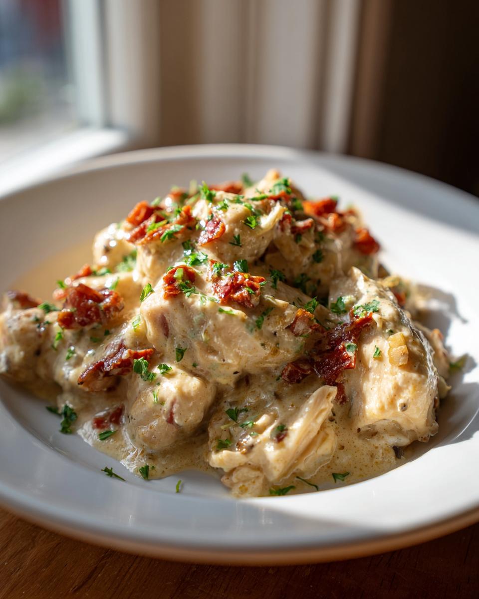 Close-up of tender chicken pieces coated in a rich, creamy sauce, topped with sun-dried tomatoes and parsley, representing crockpot marry me chicken.