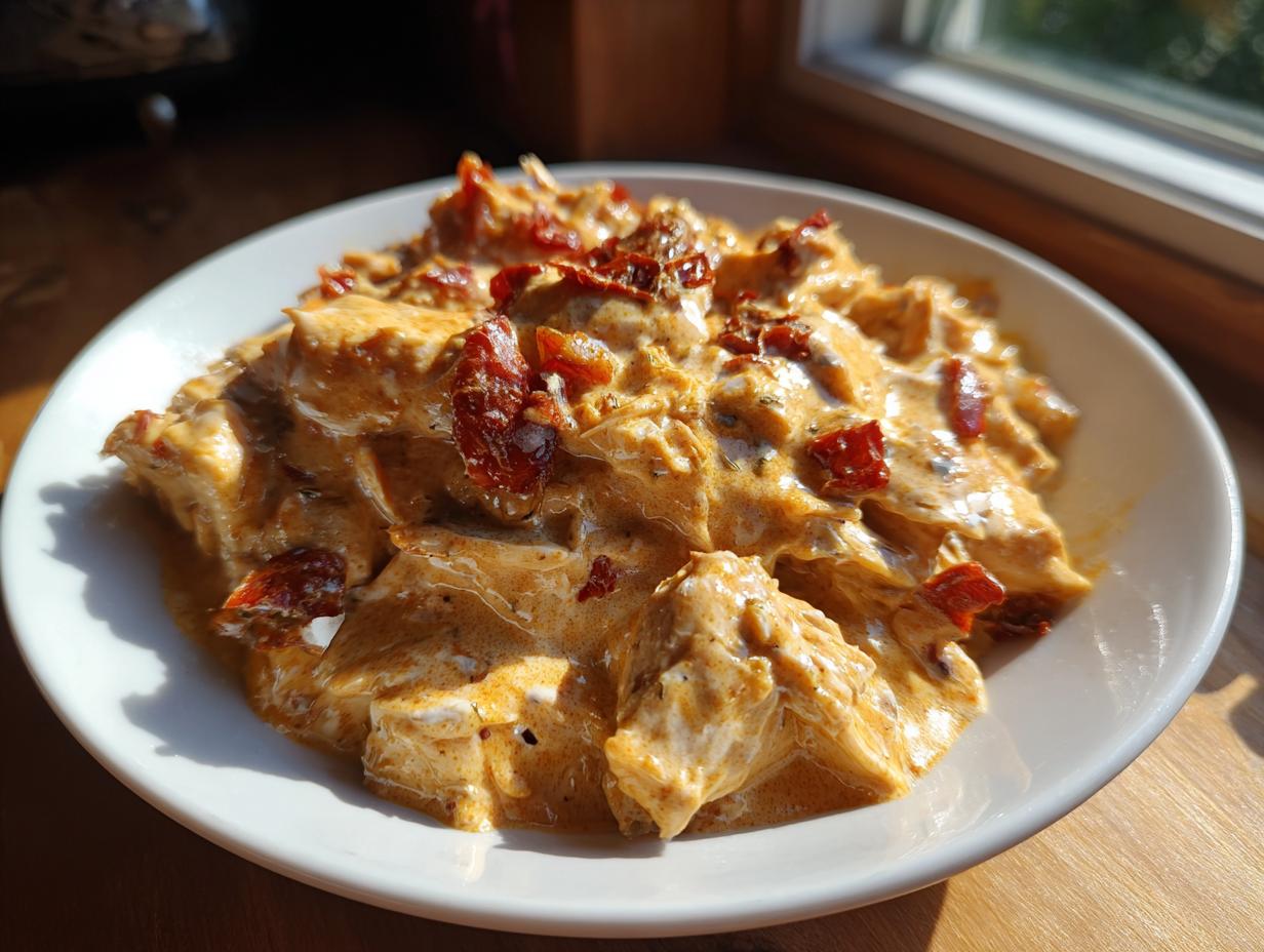 Close-up of creamy crockpot marry me chicken pieces topped with sun-dried tomatoes on a white plate.