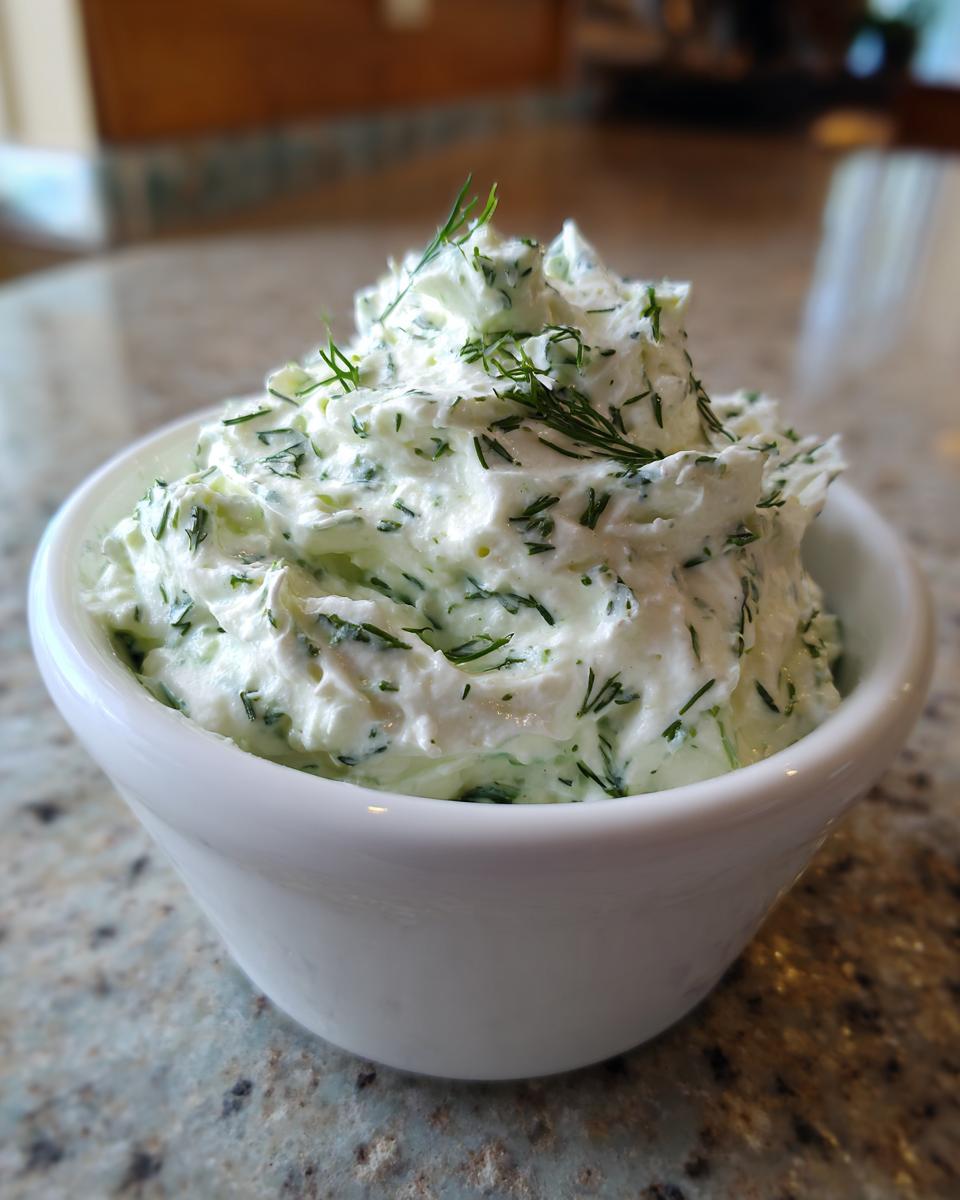 A close-up shot of a generous serving of creamy dill dip, heavily garnished with fresh dill sprigs.